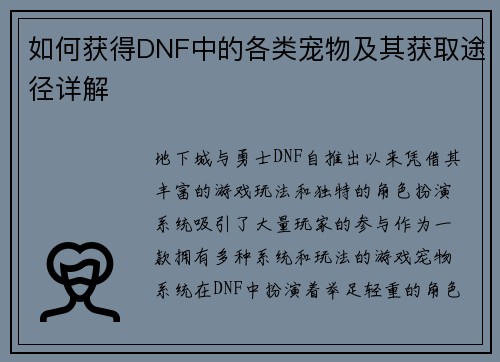 如何获得DNF中的各类宠物及其获取途径详解